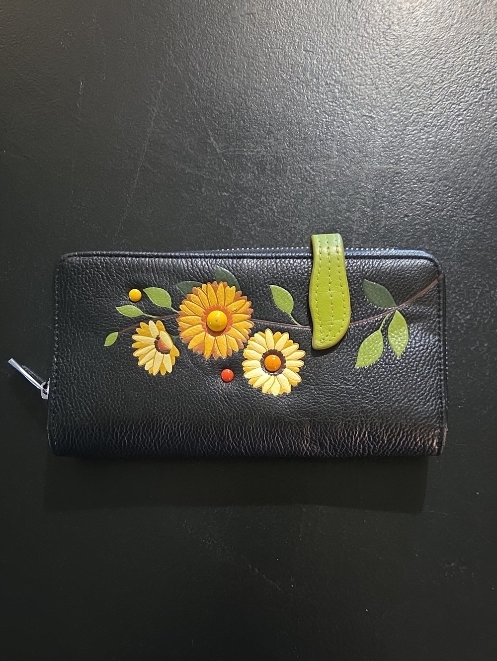 Espe Black Floral Appliqué Zip Wallet with Green Snap